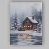 Cosy Snow Covered Log Cabin Winter Forest Snowman Landscape Canvas Wall Art Print Decor Picture Ready to Hang