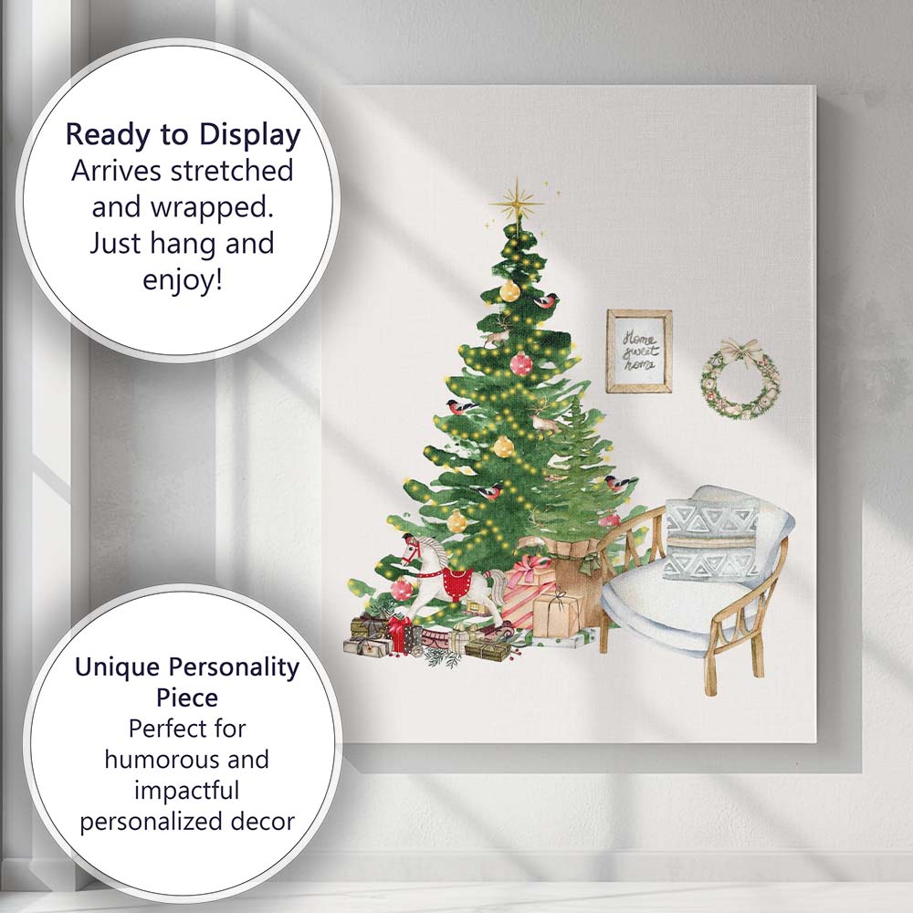 Watercolour Christmas Tree Cosy Living Room Festive Home Decor Illustration Canvas Wall Art Print Decor Picture Ready to Hang