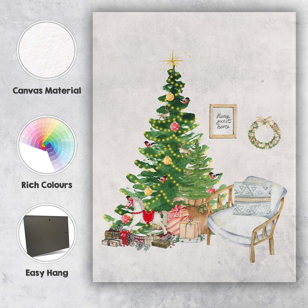 Watercolour Christmas Tree Cosy Living Room Festive Home Decor Illustration Canvas Wall Art Print Decor Picture Ready to Hang