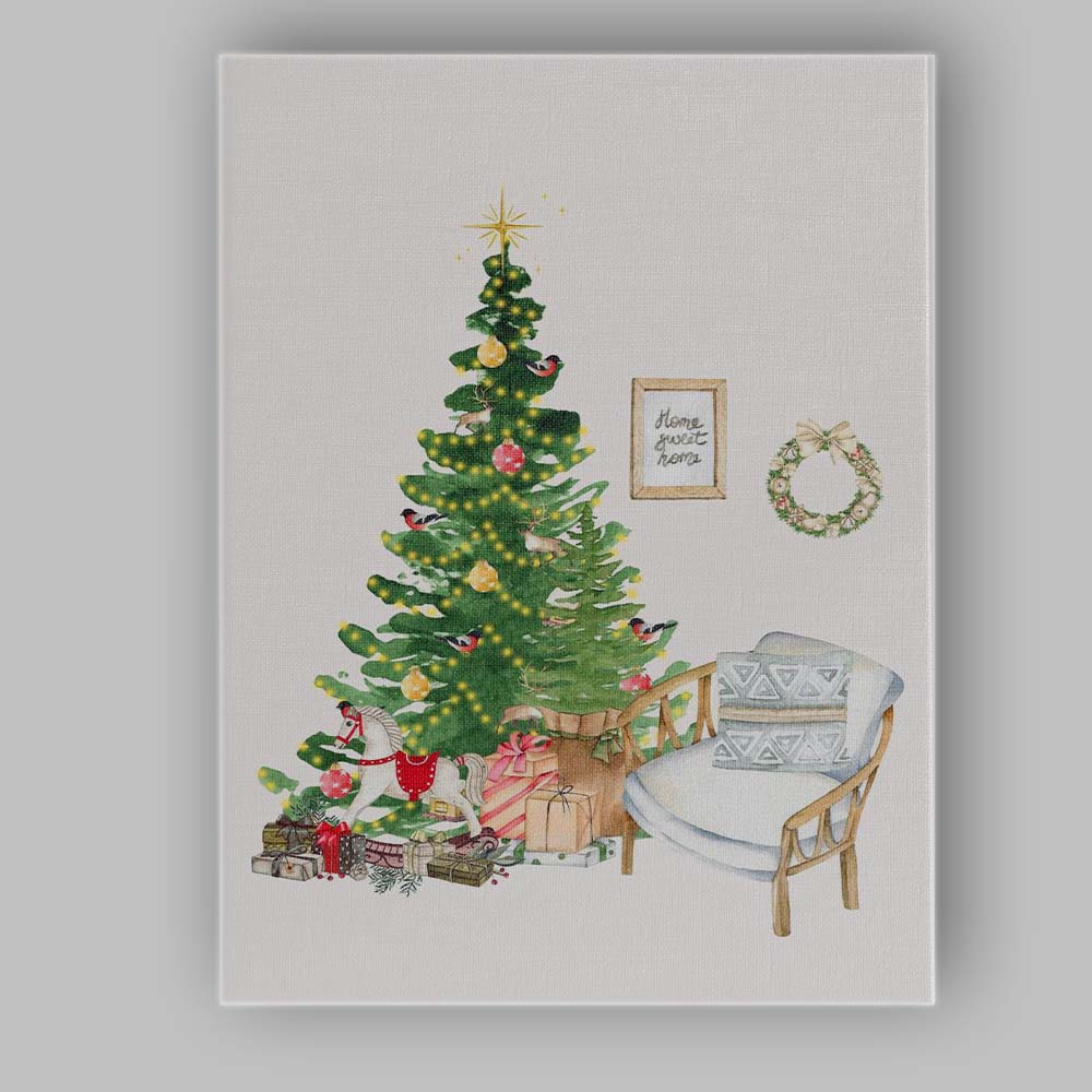 Watercolour Christmas Tree Cosy Living Room Festive Home Decor Illustration Canvas Wall Art Print Decor Picture Ready to Hang