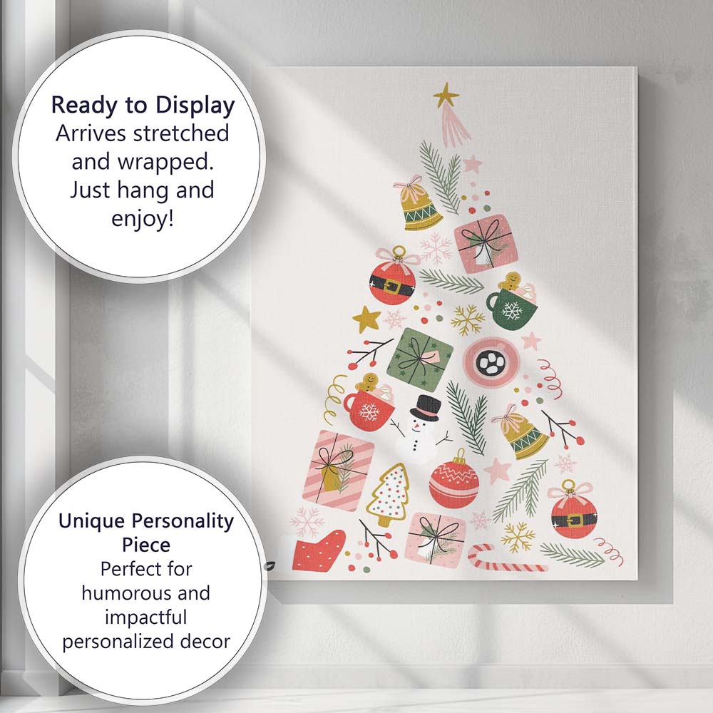 Scandinavian Christmas Tree Made of Festive Holiday Icons Minimalist Illustration Canvas Wall Art Print Decor Picture Ready to Hang