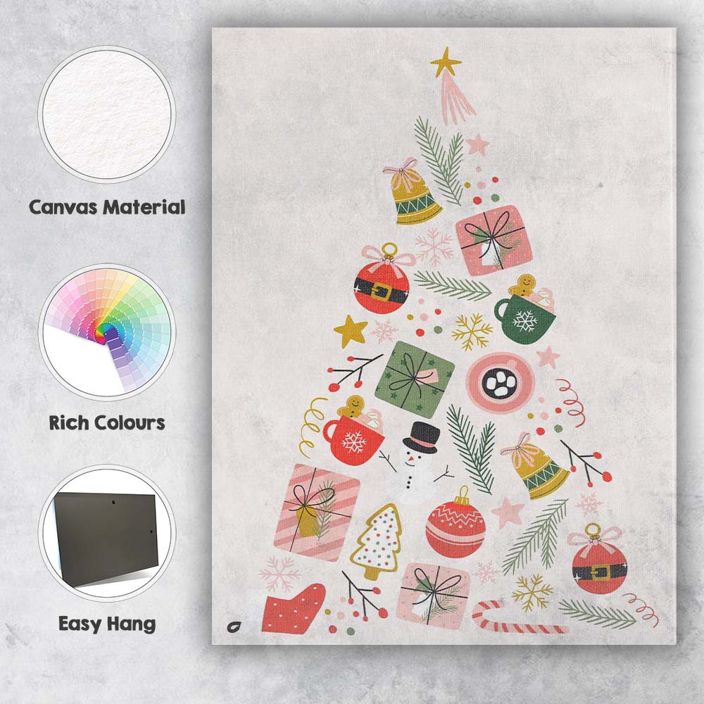 Scandinavian Christmas Tree Made of Festive Holiday Icons Minimalist Illustration Canvas Wall Art Print Decor Picture Ready to Hang