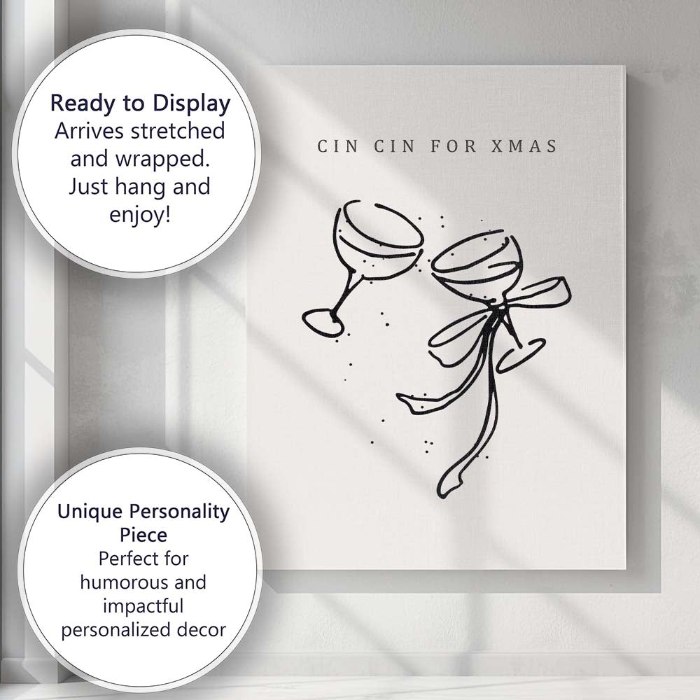 Minimalist Christmas Wine Glass Cheers Line Art Typography Canvas Wall Art Print Decor Picture Ready to Hang