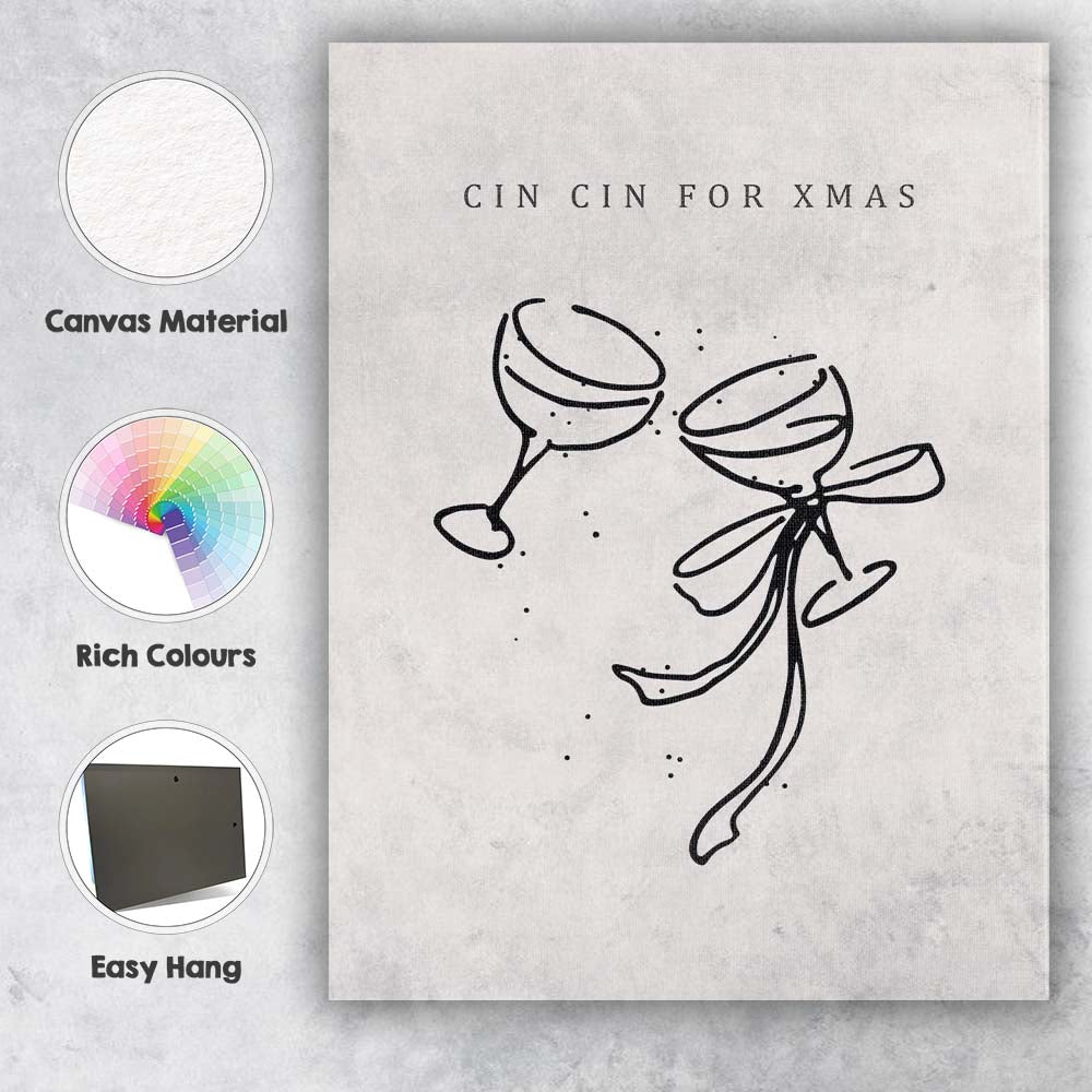 Minimalist Christmas Wine Glass Cheers Line Art Typography Canvas Wall Art Print Decor Picture Ready to Hang