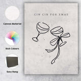 Minimalist Christmas Wine Glass Cheers Line Art Typography Canvas Wall Art Print Decor Picture Ready to Hang