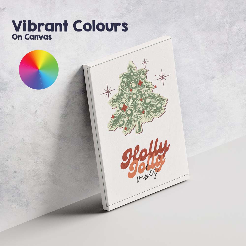 Retro Christmas Tree Holly Jolly Vibes Typography Festive Illustration Canvas Wall Art Print Decor Picture Ready to Hang