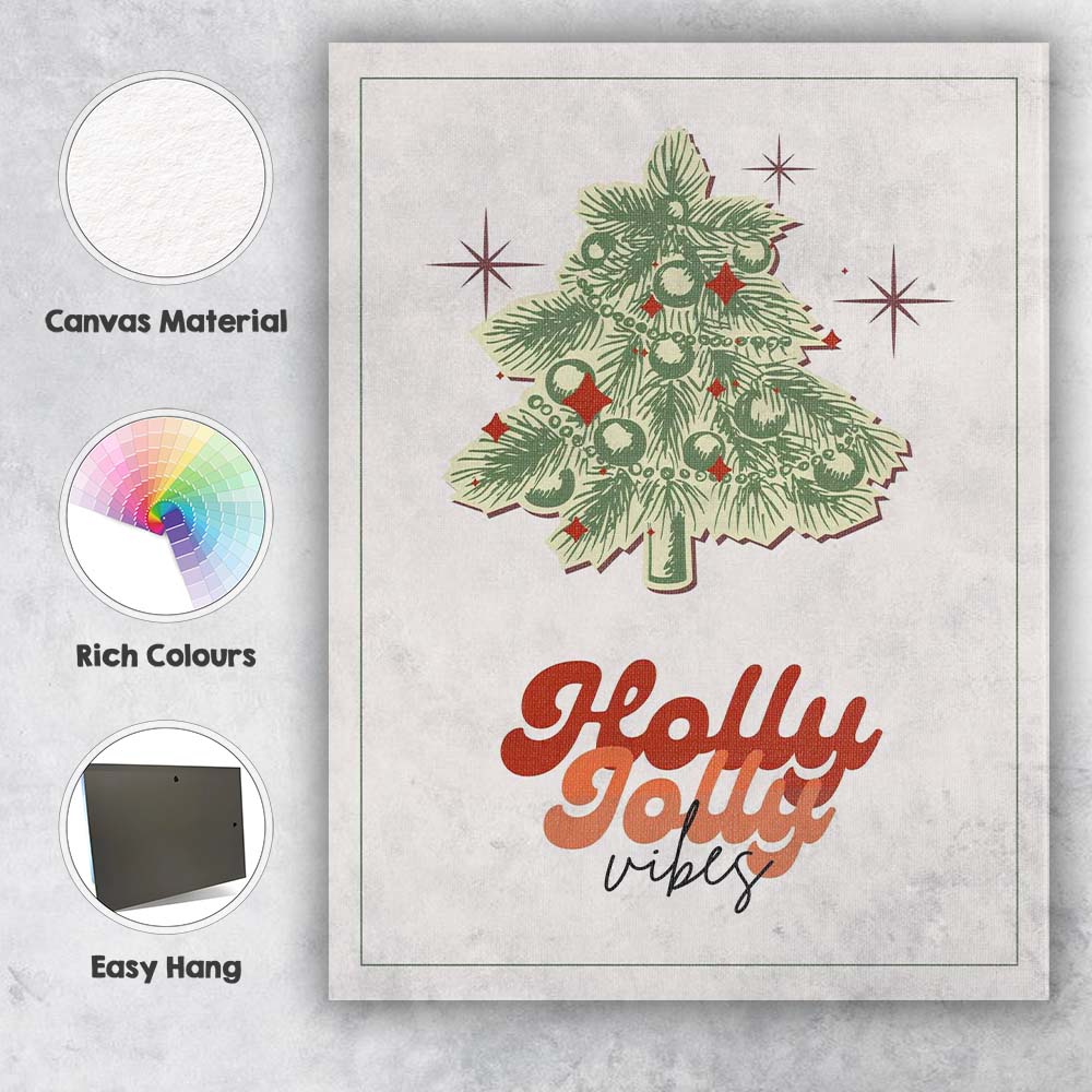 Retro Christmas Tree Holly Jolly Vibes Typography Festive Illustration Canvas Wall Art Print Decor Picture Ready to Hang
