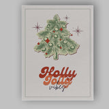 Retro Christmas Tree Holly Jolly Vibes Typography Festive Illustration Canvas Wall Art Print Decor Picture Ready to Hang