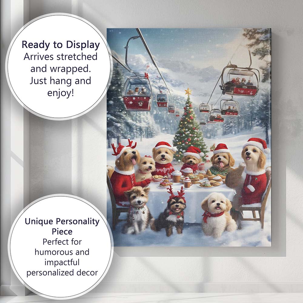 Festive Christmas Dogs Winter Mountain Ski Resort Celebration Canvas Wall Art Print Decor Picture Ready to Hang