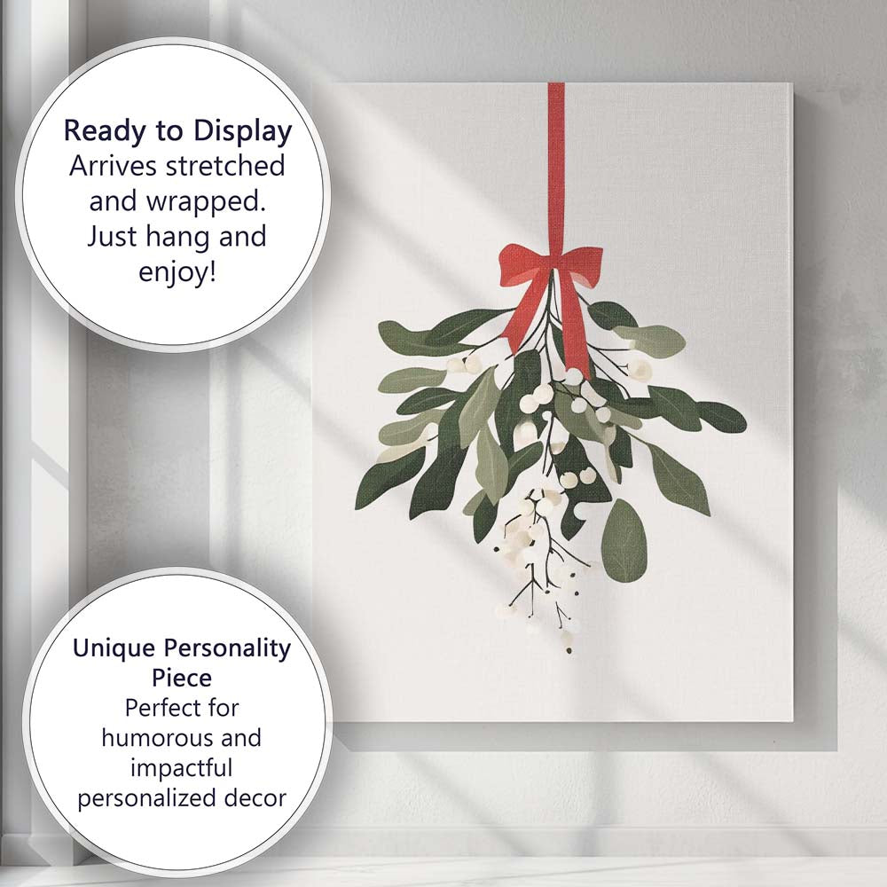 Minimalist Christmas Mistletoe Red Ribbon Botanical Watercolour Illustration Canvas Wall Art Print Decor Picture Ready to Hang