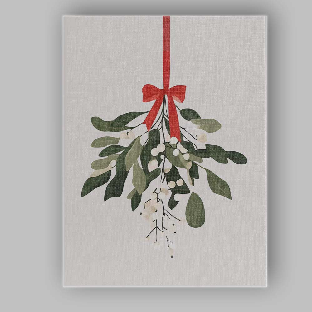 Minimalist Christmas Mistletoe Red Ribbon Botanical Watercolour Illustration Canvas Wall Art Print Decor Picture Ready to Hang