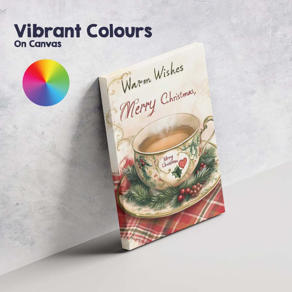 Cosy Christmas Tea Cup Warm Wishes Festive Watercolour Illustration Canvas Wall Art Print Decor Picture Ready to Hang