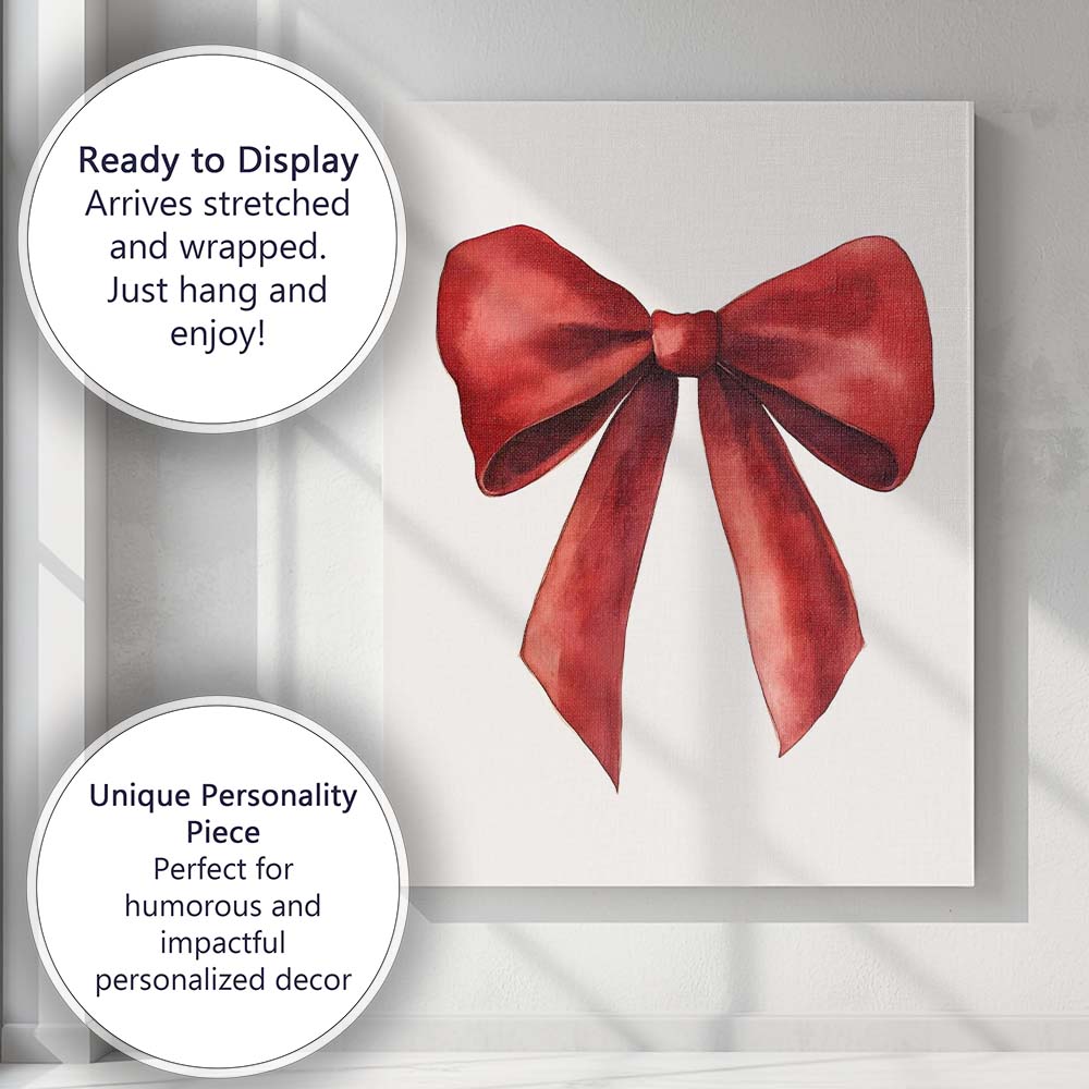 Elegant Red Watercolour Christmas Ribbon Bow Minimalist Holiday Illustration Canvas Wall Art Print Decor Picture Ready to Hang
