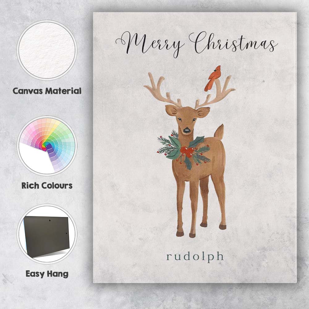 Watercolour Christmas Reindeer Holly Berry Cardinal Bird Festive Illustration Canvas Wall Art Print Decor Picture Ready to Hang