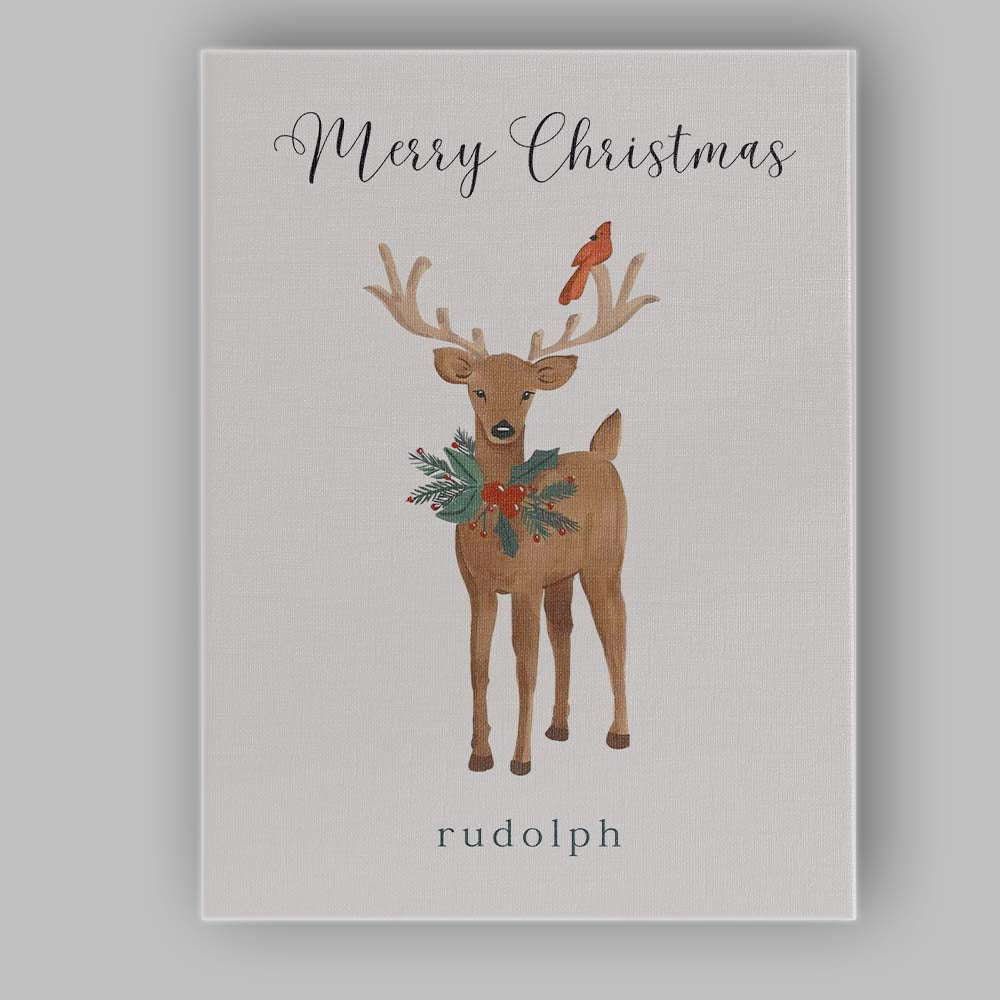 Watercolour Christmas Reindeer Holly Berry Cardinal Bird Festive Illustration Canvas Wall Art Print Decor Picture Ready to Hang