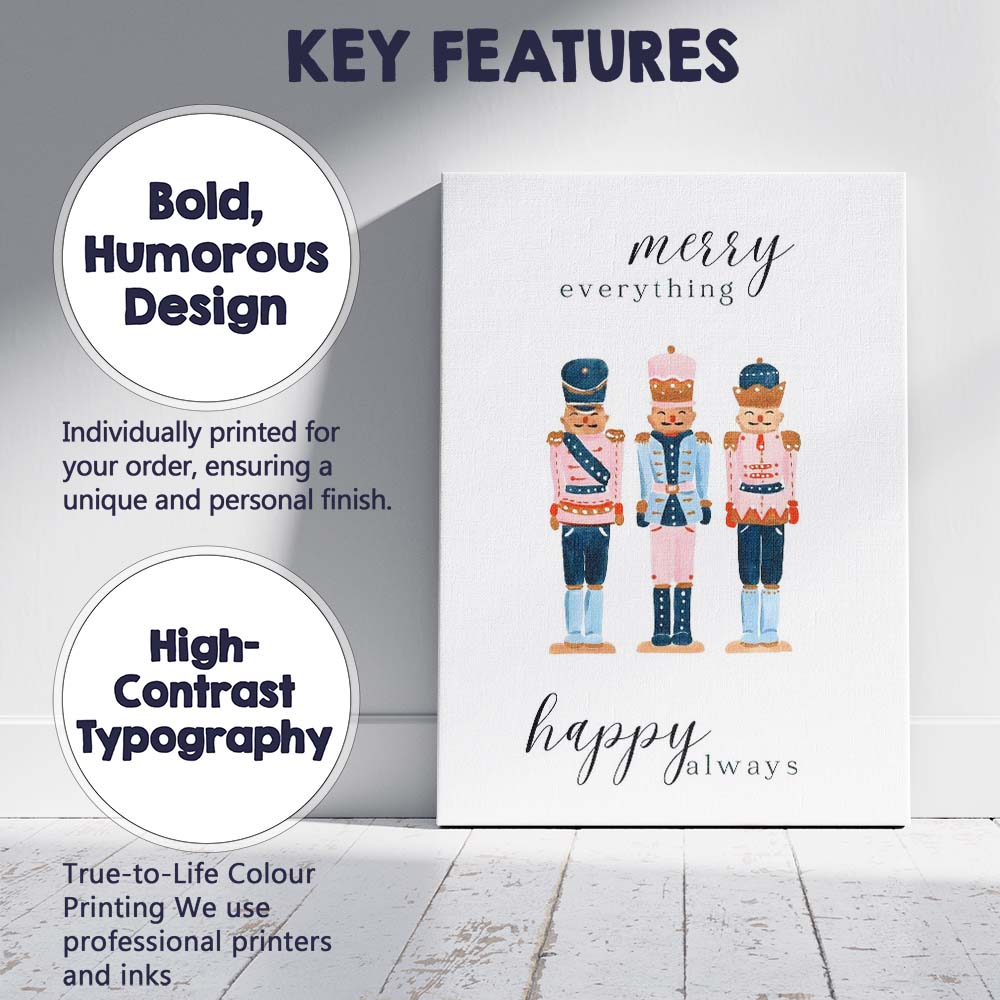 Pastel Christmas Nutcracker Trio Merry Everything Festive Watercolour Illustration Canvas Wall Art Print Decor Picture Ready to Hang
