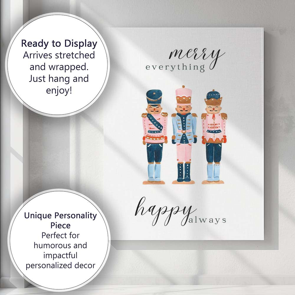Pastel Christmas Nutcracker Trio Merry Everything Festive Watercolour Illustration Canvas Wall Art Print Decor Picture Ready to Hang