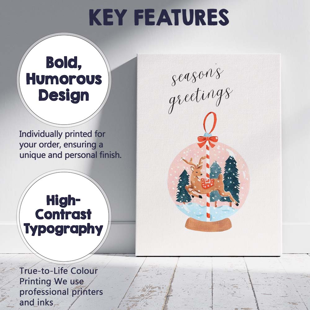 Watercolour Christmas Reindeer Snow Globe Seasons Greetings Festive Illustration Canvas Wall Art Print Decor Picture Ready to Hang