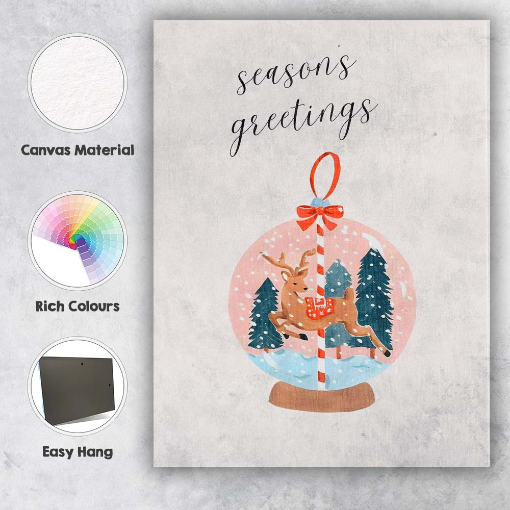 Watercolour Christmas Reindeer Snow Globe Seasons Greetings Festive Illustration Canvas Wall Art Print Decor Picture Ready to Hang