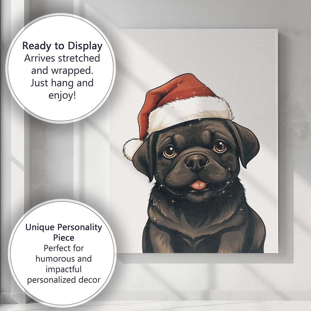 Cute Black Pug Wearing Santa Hat Christmas Pet Portrait Canvas Wall Art Print Decor Picture Ready to Hang