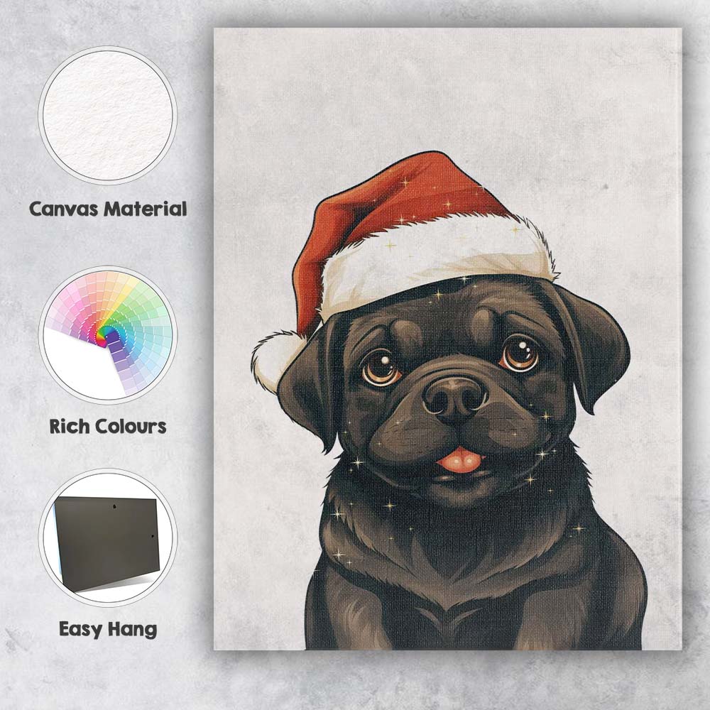 Cute Black Pug Wearing Santa Hat Christmas Pet Portrait Canvas Wall Art Print Decor Picture Ready to Hang