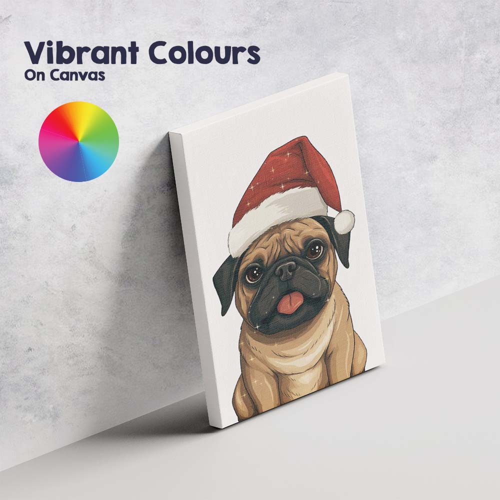 Cute Fawn Pug Wearing Santa Hat Christmas Pet Portrait Canvas Wall Art Print Decor Picture Ready to Hang