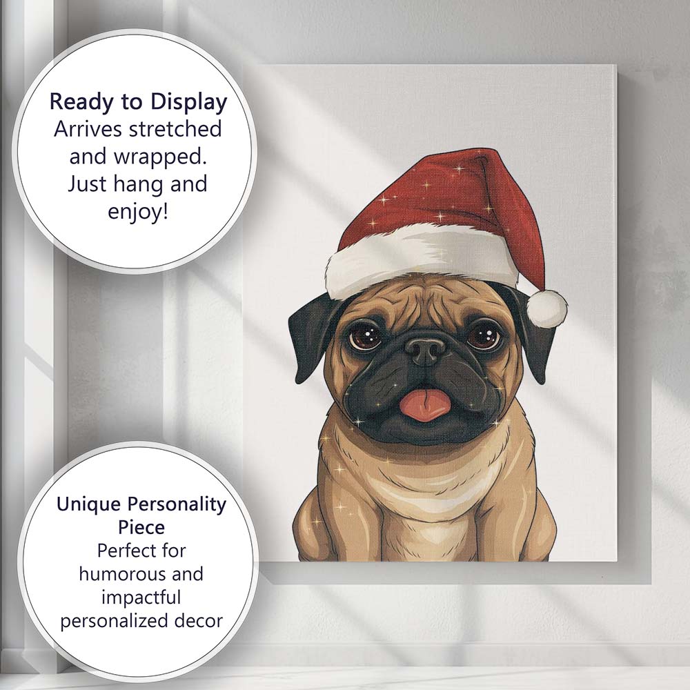 Cute Fawn Pug Wearing Santa Hat Christmas Pet Portrait Canvas Wall Art Print Decor Picture Ready to Hang