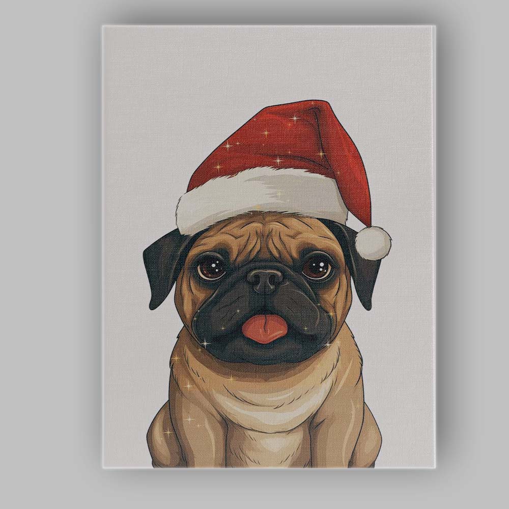 Cute Fawn Pug Wearing Santa Hat Christmas Pet Portrait Canvas Wall Art Print Decor Picture Ready to Hang