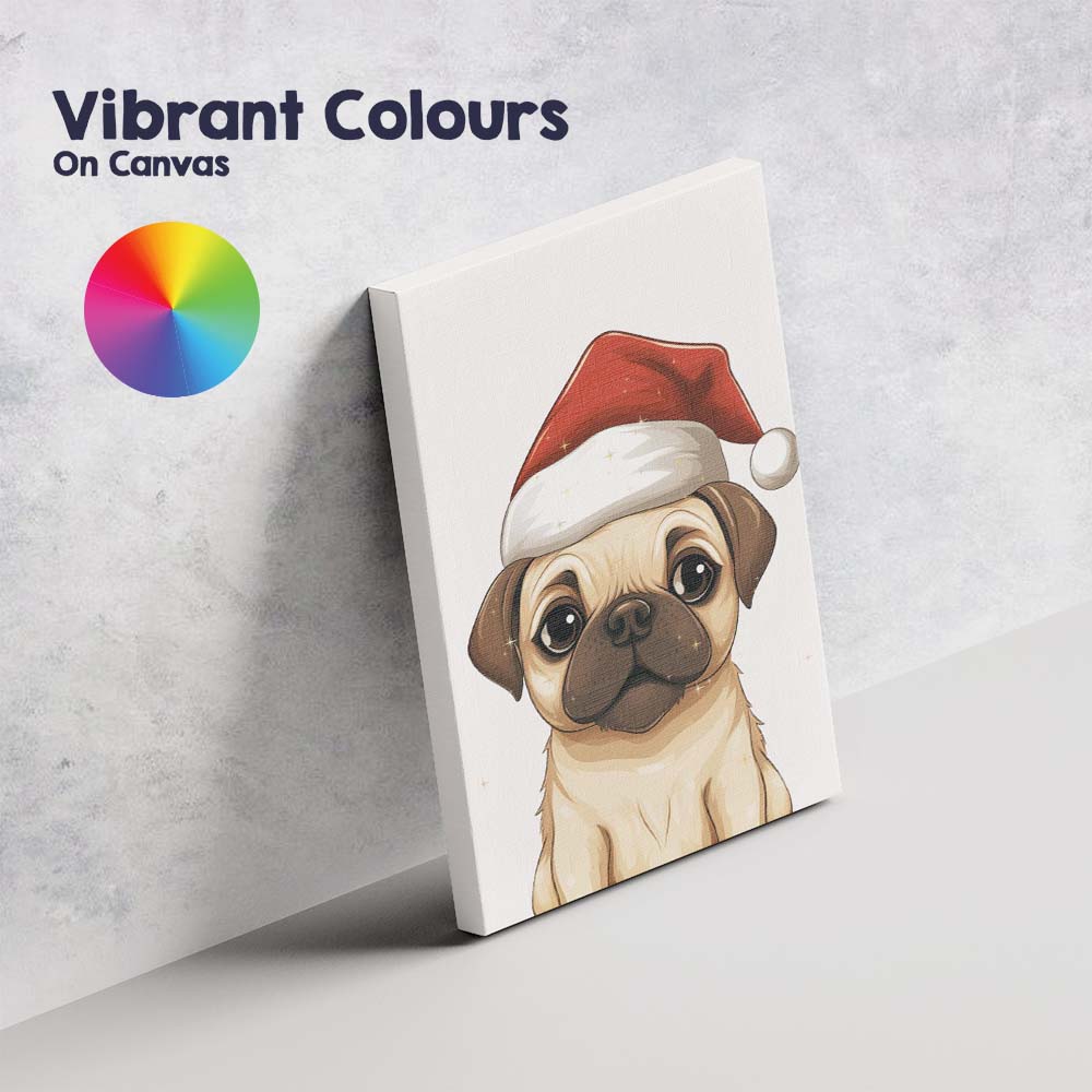 Cute Cream Pug Wearing Santa Hat Christmas Puppy Portrait Canvas Wall Art Print Decor Picture Ready to Hang