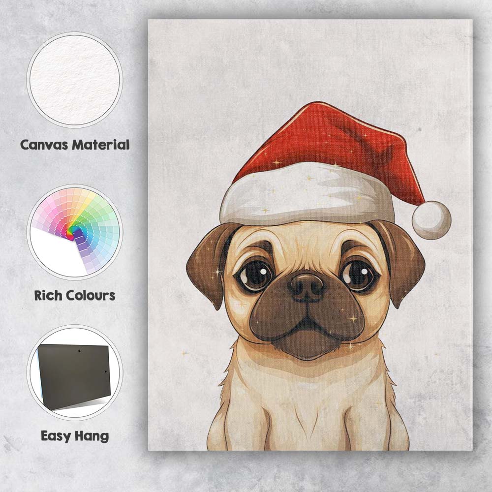 Cute Cream Pug Wearing Santa Hat Christmas Puppy Portrait Canvas Wall Art Print Decor Picture Ready to Hang