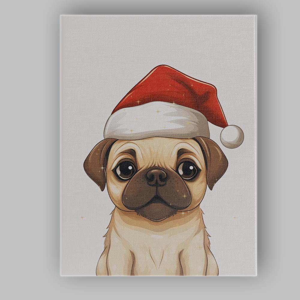 Cute Cream Pug Wearing Santa Hat Christmas Puppy Portrait Canvas Wall Art Print Decor Picture Ready to Hang