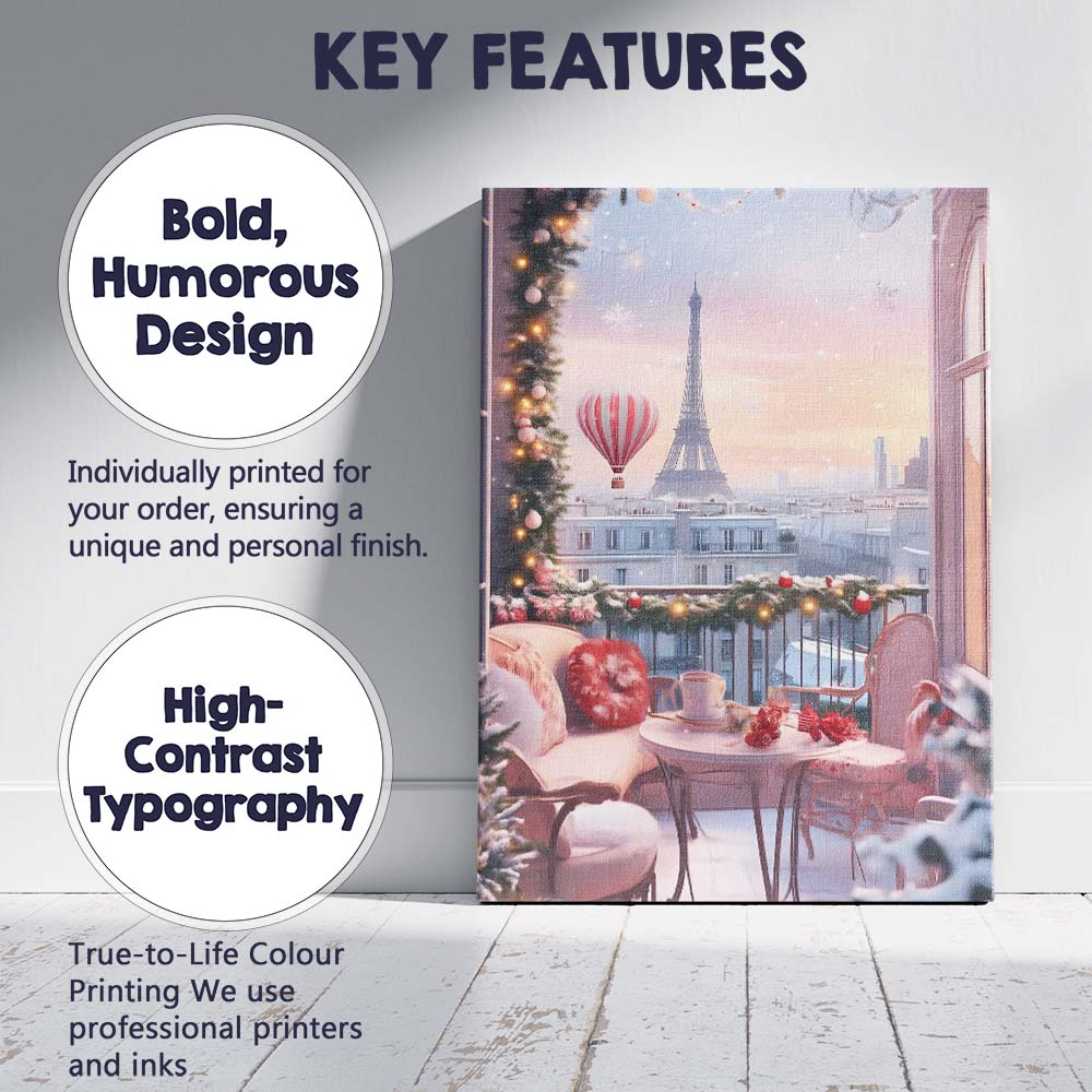 Cosy Paris Christmas Balcony Eiffel Tower Winter Cityscape Canvas Wall Art Print Decor Picture Ready to Hang