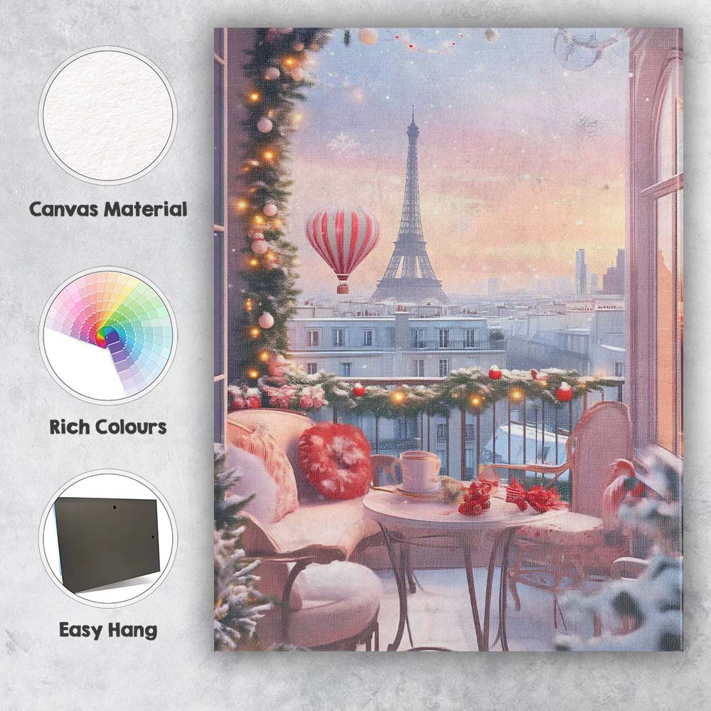 Cosy Paris Christmas Balcony Eiffel Tower Winter Cityscape Canvas Wall Art Print Decor Picture Ready to Hang