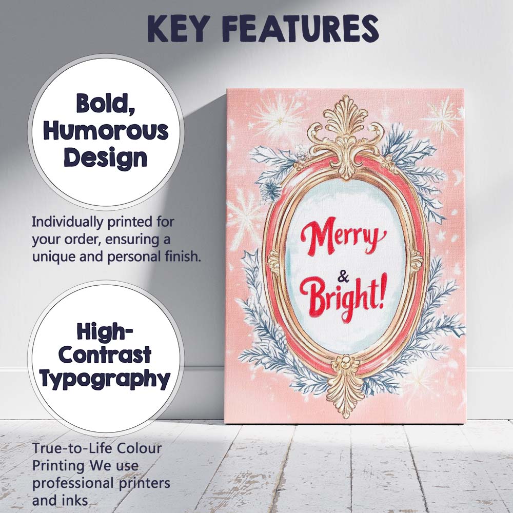 Merry and Bright Festive Christmas Typography Ornate Mirror Illustration Canvas Wall Art Print Decor Picture Ready to Hang