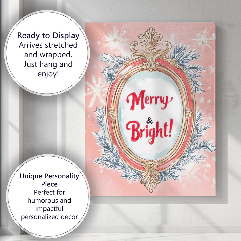 Merry and Bright Festive Christmas Typography Ornate Mirror Illustration Canvas Wall Art Print Decor Picture Ready to Hang