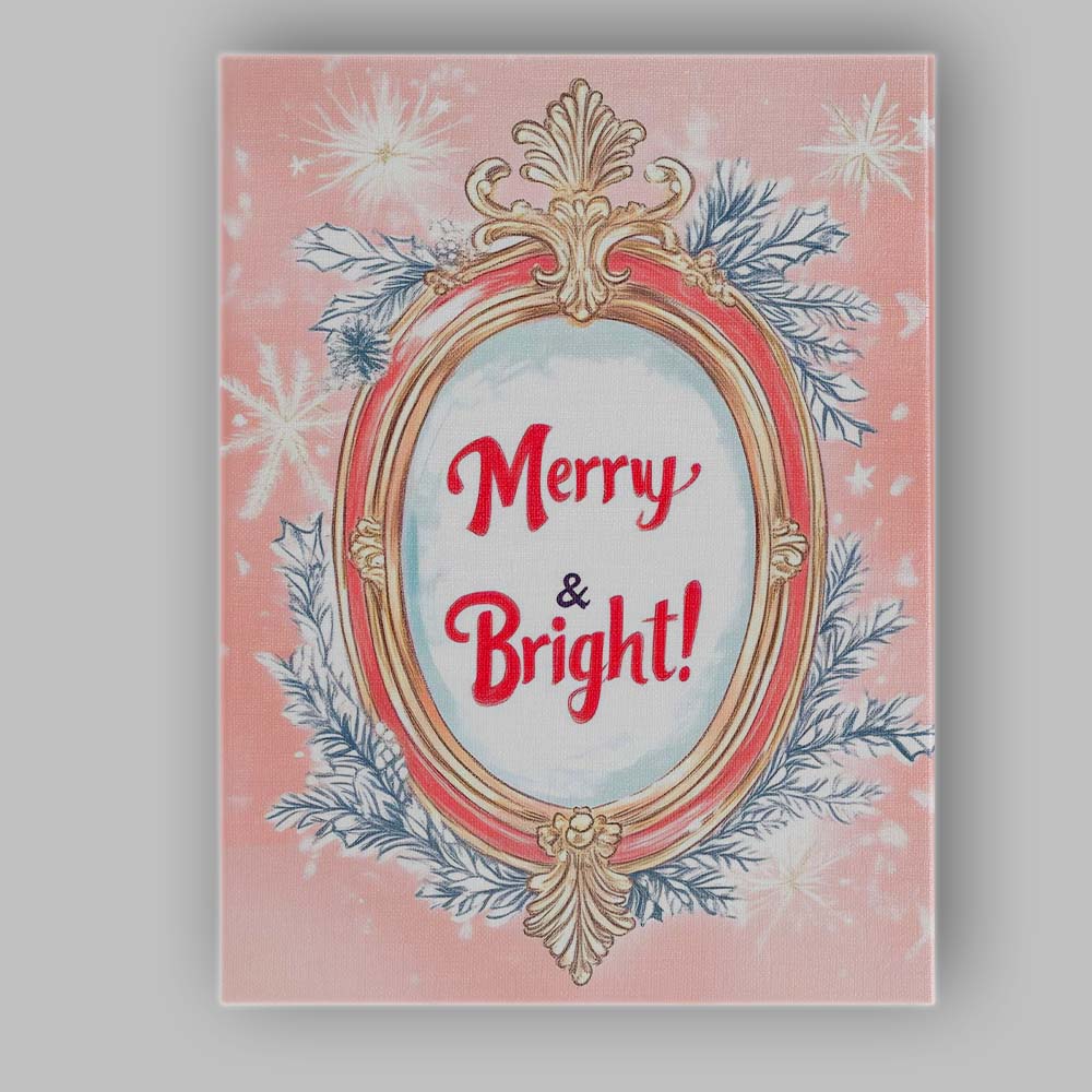 Merry and Bright Festive Christmas Typography Ornate Mirror Illustration Canvas Wall Art Print Decor Picture Ready to Hang