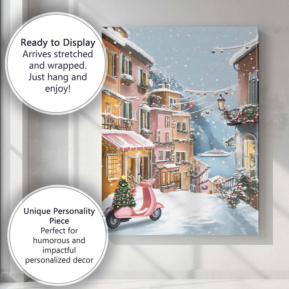 Snowy European Christmas Village Pink Vespa Winter Street Scene Canvas Wall Art Print Decor Picture Ready to Hang