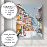 Snowy European Christmas Village Pink Vespa Winter Street Scene Canvas Wall Art Print Decor Picture Ready to Hang