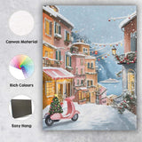 Snowy European Christmas Village Pink Vespa Winter Street Scene Canvas Wall Art Print Decor Picture Ready to Hang