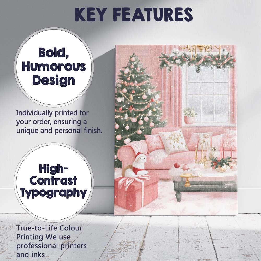 Cosy Pink Christmas Living Room Tree and Fireplace Interior Canvas Wall Art Print Decor Picture Ready to Hang