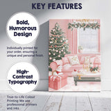 Cosy Pink Christmas Living Room Tree and Fireplace Interior Canvas Wall Art Print Decor Picture Ready to Hang