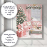 Cosy Pink Christmas Living Room Tree and Fireplace Interior Canvas Wall Art Print Decor Picture Ready to Hang
