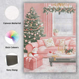Cosy Pink Christmas Living Room Tree and Fireplace Interior Canvas Wall Art Print Decor Picture Ready to Hang