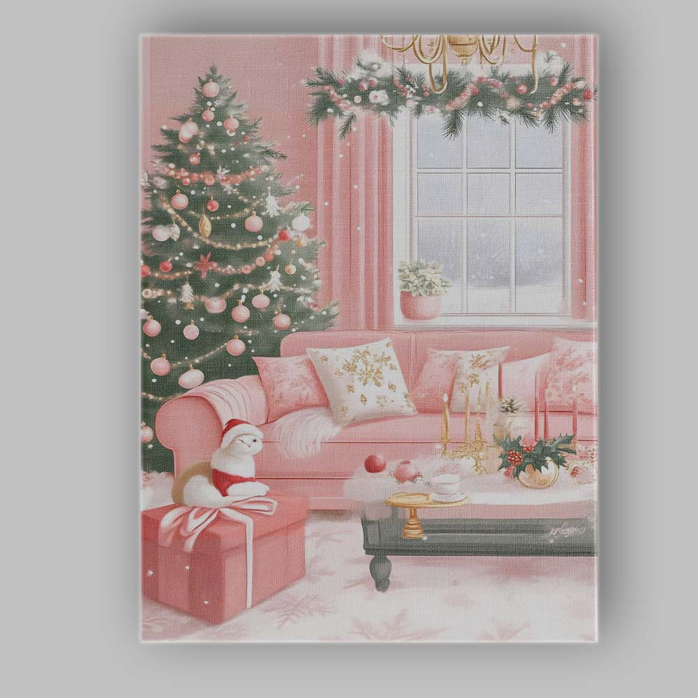 Cosy Pink Christmas Living Room Tree and Fireplace Interior Canvas Wall Art Print Decor Picture Ready to Hang