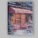 Charming Pink Christmas Bakery Snowy Winter Street Café Canvas Wall Art Print Decor Picture Ready to Hang