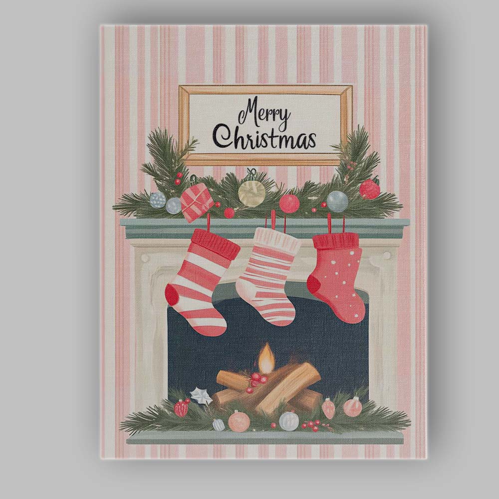 Merry Christmas Fireplace Stockings Festive Holiday Home Illustration Canvas Wall Art Print Decor Picture Ready to Hang