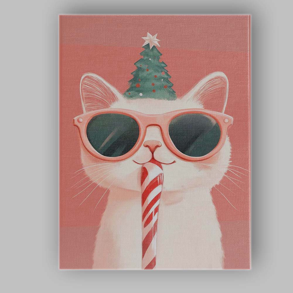 Cute Christmas Cat Wearing Sunglasses with Candy Cane Canvas Wall Art Print Decor Picture Ready to Hang