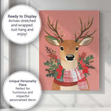 Festive Woodland Reindeer Portrait with Holly and Tartan Scarf Canvas Wall Art Print Decor Picture Ready to Hang