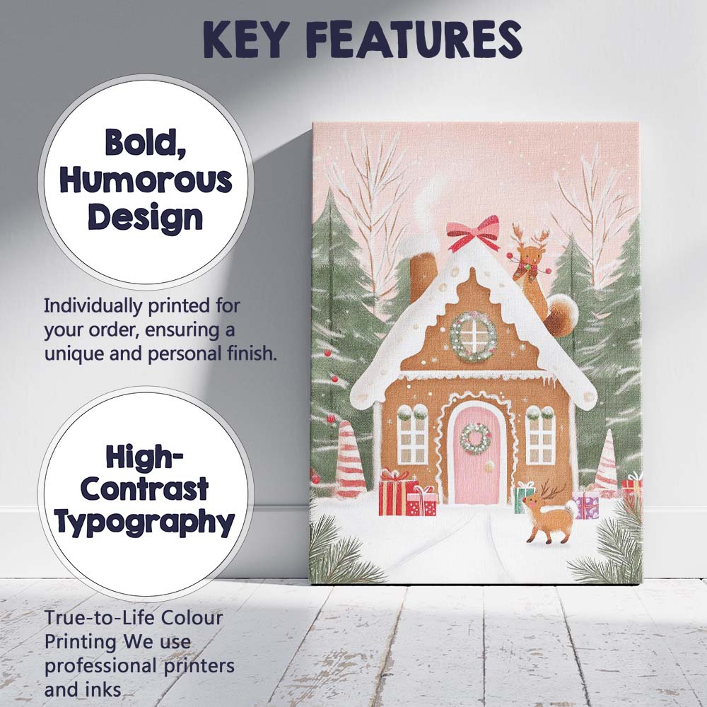 Whimsical Gingerbread House with Reindeer and Christmas Gifts Winter Scene Canvas Wall Art Print Decor Picture Ready to Hang