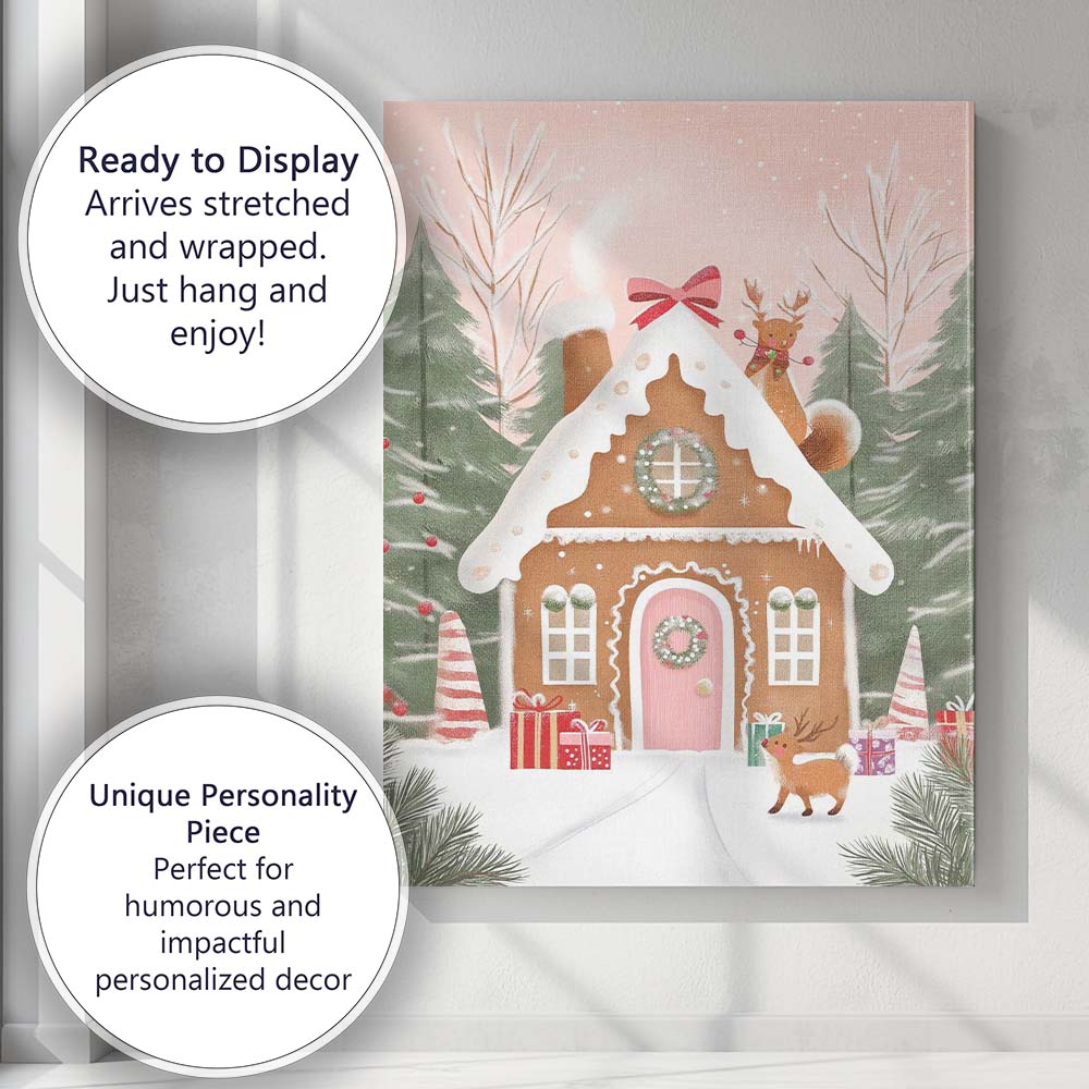Whimsical Gingerbread House with Reindeer and Christmas Gifts Winter Scene Canvas Wall Art Print Decor Picture Ready to Hang